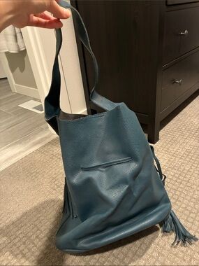 Street Level Teal Pebble Leather Tassel Shoulder Bag
